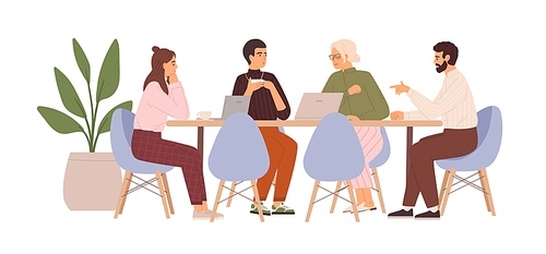 Team of people sitting at desk with laptops, working together, discussing start-up. Meeting of colleagues. Coworking, teamwork concept. Colored flat vector illustration isolated on white .