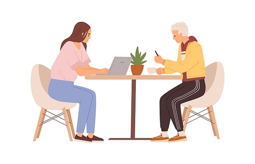 Couple of people working online with laptop and mobile phone. Man and woman sitting at table in cafe, using computer and smartphone. Colored flat vector illustration isolated on white .