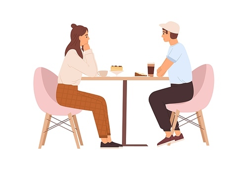 Young love couple sitting at table with coffee in cafe. Date of happy enamored man and woman. Romantic dating of people in cafeteria. Colored flat vector illustration isolated on white .