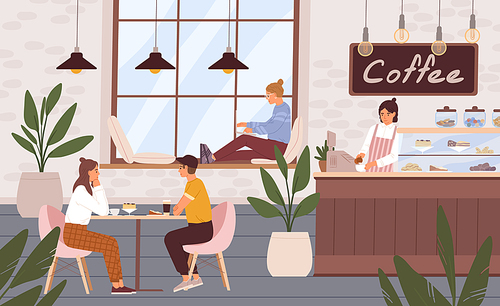 Cozy and relaxing coffee shop interior with people. Barista and customers inside modern cafe. Men and women resting in cafeteria or coffeehouse. Colored flat vector illustration of coffeeshop.
