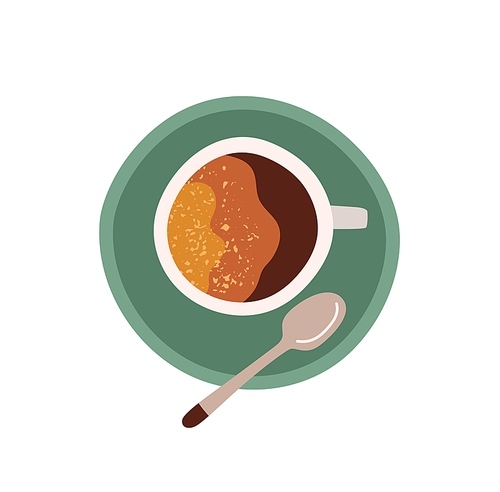 top view of cup with saucer and tea spoon. coffee break icon. colored flat vector illustration of americano or espresso with foam isolated on .
