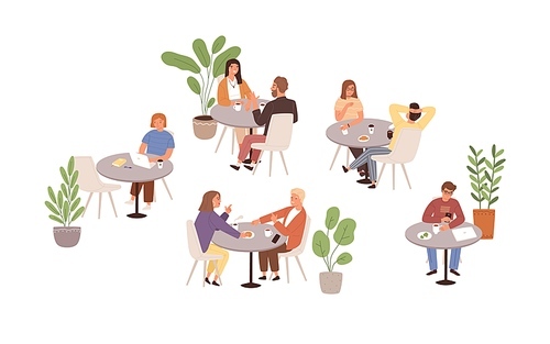 People sitting at tables in cafe or restaurant vector flat illustration. Man, woman and couple talking, eating, drinking and working at cafeteria isolated. Person spending time at public place.