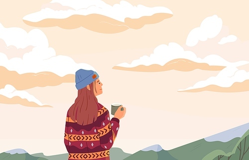 Young woman enjoying peaceful landscape, relaxing, looking at sky with clouds, drinking tea and dreaming. Inspiration concept. Colored flat vector illustration of person alone with nature.