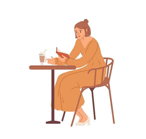 Young woman sitting at table in cafe, reading book and drinking coffee. Colored flat vector illustration isolated on white .