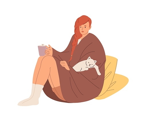Young woman in warm socks and wrapped in cozy blanket holding tea cup. Female character relaxing with cat and drinking hot beverage at home. Flat vector illustration isolated on white .