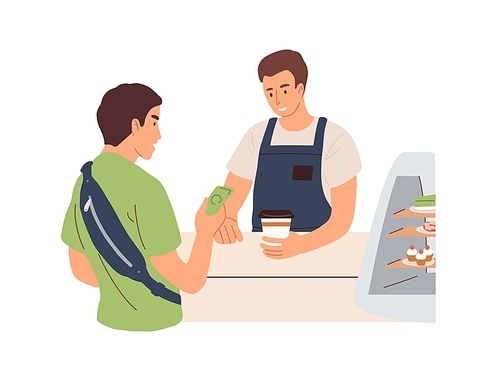 Male client paying for takeaway hot drink in cash while visiting coffee shop. Barista with paper cup with tea at counter. Colored flat vector illustration isolated on white .