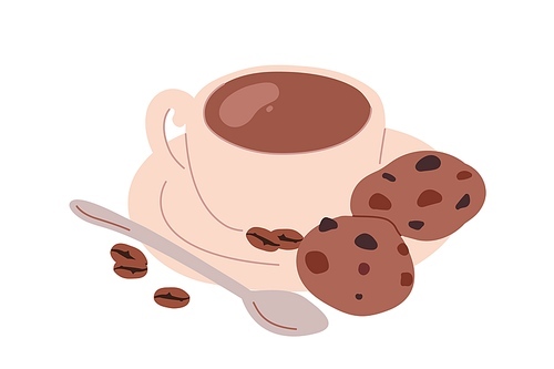 Cup of fresh brewed hot drink served with whole coffee beans, handmade chocolate cookies or biscuits. Tasty sweet breakfast or dessert. Flat vector illustration isolated on white .