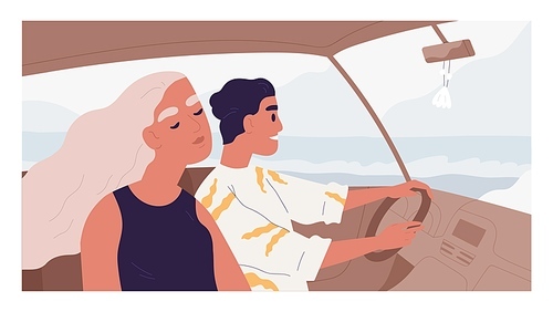 Romantic couple of happy people inside car. Friends enjoying road trip on summer holiday. Side view of woman and man driving auto and traveling to sea on vacation. Colored flat vector illustration.