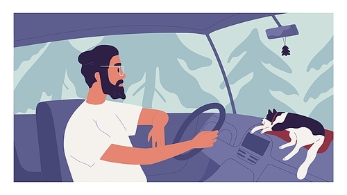 Young person driving car with happy cat lying on dashboard. Man traveling together with pet. Auto driver enjoying trip on holiday. Colored flat cartoon vector illustration.