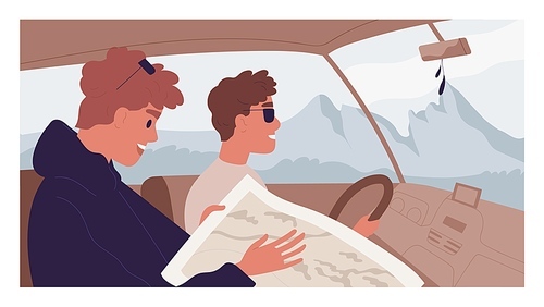 Happy people traveling together by car and looking for route in map. Male friends on their mountain trip with landscape on background. Colored flat cartoon vector illustration of man driving auto.