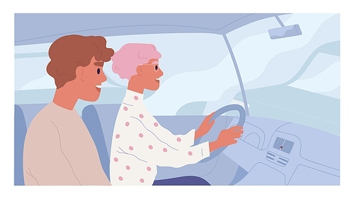 Happy couple traveling together by car on holiday trip. Woman learning to drive auto with smiling friendly instructor. Colored flat vector illustration of student driver during training or exam.