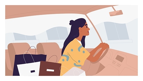 Young dark-skinned woman driving car with pile of shopping bags. Happy beautiful lady inside auto with purchases from sale in clothing store. Colored flat vector illustration of female driver.