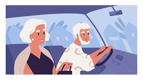 Side view of old gray-haired couple inside car on summer evening. Scene with elegant senior people driving auto. Colored flat vector illustration of happy elderly man and woman in automobile.