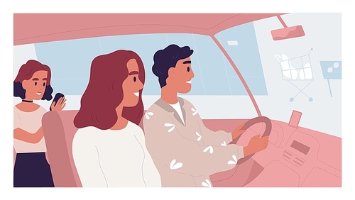 Happy family driving to grocery store or supermarket for weekend shopping. Side view of young couple with kid in auto. Colored flat vector illustration of parents with child in automobile.