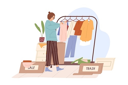 Woman decluttering and organizing wardrobe, putting clothes into Sale and Trash boxes. Person taking inventory and sorting out apparels. Colored flat vector illustration isolated on white .