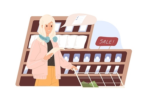 Conscious woman keeping to shopping list while buying food products in supermarket. Modern customer making purchases in grocery store. Colored flat vector illustration isolated on white .