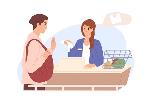 Customer with reusable bag refusing from disposable plastic pack, offered in grocery store. Conscious consumption and shopping concept. Colored flat vector illustration isolated on white .