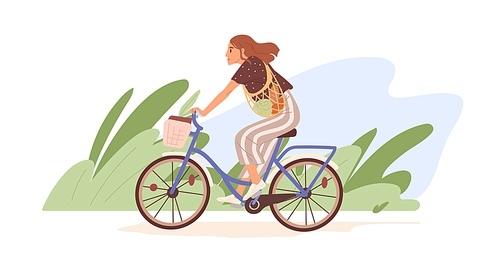 Young modern woman riding bicycle with basket. Happy cyclist on bike with grocery net bag in nature. Eco-friendly transport concept. Colored flat vector illustration isolated on white .