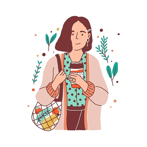 Eco lifestyle of young person, carrying organic vegetables in shopping net bag and holding reusable coffee cup. Colored flat vector illustration of trendy woman isolated on white .