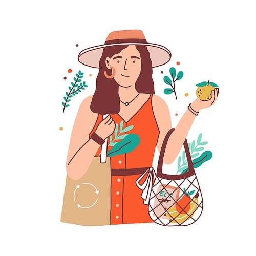 Woman carrying shopping bag with fruits and organic food. Eco lifestyle of person with healthy habits. Concept of conscious consumption. Colored flat vector illustration isolated on white .