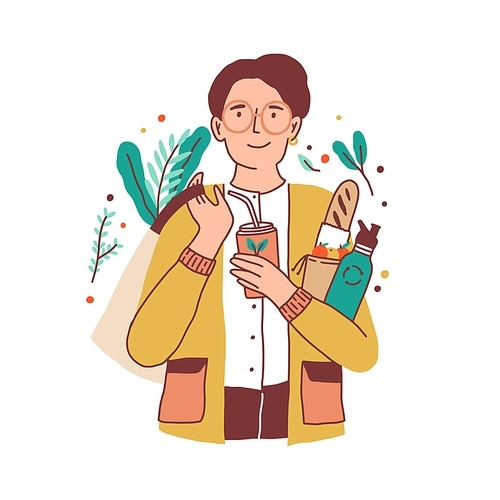 Happy young man holding cup and thermos, carrying shopping tote bag with vegetables and baguette. Eco lifestyle concept. Colored flat vector illustration of modern guy isolated on white .