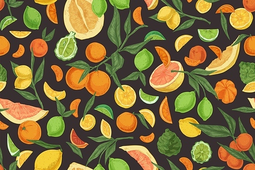 seamless repeatable pattern with mix of citrus fruits on  background. endless texture with oranges, lemons, limes, tangerines and bergamot. hand-drawn colored vector illustration for printing.