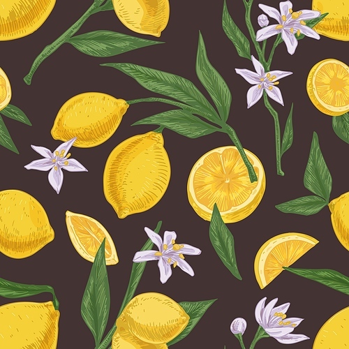 Seamless citric pattern with fruits, leaves and branches of blooming lemon tree on dark background. Endless hand-drawn texture in vintage style. Colored vector illustration for printing.