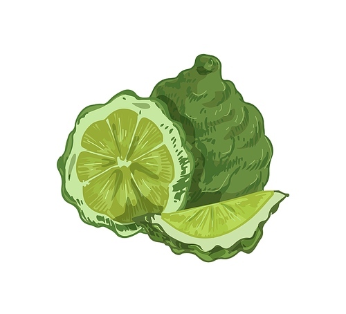 Whole fruit, slice, segment and half of tropical bergamot. Composition of fragrant green citrus. Realistic hand-drawn vector illustration of aromatic exotic food isolated on white .
