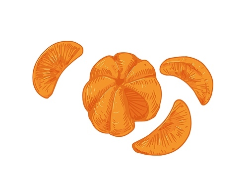 Peeled tangerine with mandarin segments or slices. Composition of clementine pieces without skin. Realistic hand-drawn vector illustration of exotic citrus isolated on white .