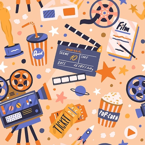 Seamless movie pattern with cinema items. Endless background with film tape, camera, projector, clapperboard, cinematography award, tickets, and popcorn. Colored flat vector illustration for printing.