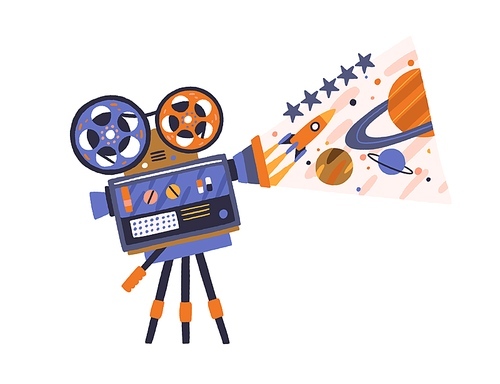 Retro movie projector with reels on tripod showing cinema. Film cinematography concept. Vintage-styled equipment for video projection. Colored flat vector illustration isolated on white .