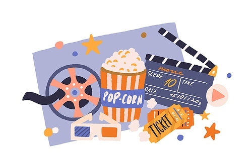 Cinema items in retro style. Movie tickets, film clapperboard, popcorn bucket, vintage reel, and 3d glasses composition. Cinematography industry. Colored flat vector illustration isolated on white.