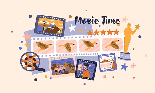 Filmstrips and cinema award for best festival film. Hollywood prize winners in cinematography industry. Video production, cine theater, and movie time concept. Colored flat vector illustration.