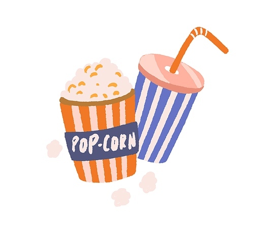 Full popcorn bucket and soda drink cup with straw in retro style. Pop-corn box and beverage. Cinema food concept. Colorful flat vector illustration of movie snacks isolated on white .