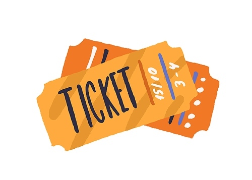 Cinema paper tickets. Entry cards for movie premiere, film festival, theatre, show, concert, performance, or other entertainments. Colored flat vector illustration isolated on white .