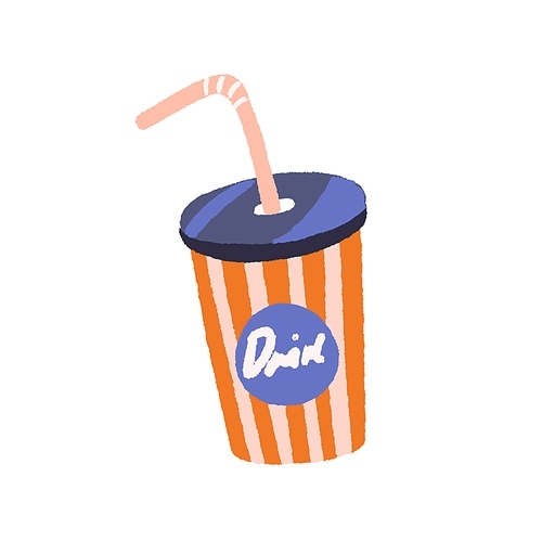 Retro-styled takeaway cup of cold soda drink with straw and lid. Vintage striped tumbler with cola. Lemonade in disposable mug. Colored flat vector illustration isolated on white .