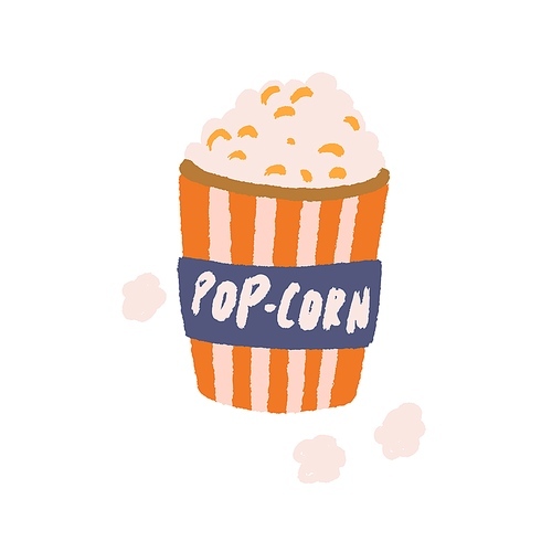 Retro-styled popcorn bucket. Full pop-corn paper box for movies and cinemas. Snack for film. Colored flat vector illustration of fast food isolated on white .