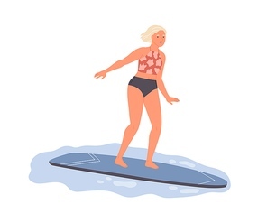 Female surfer ride on surf board. Active woman in swimsuit standing on surfboard and catching wave. Sportswoman in beachwear having fun at summer vacation. Flat vector illustration isolated on white.