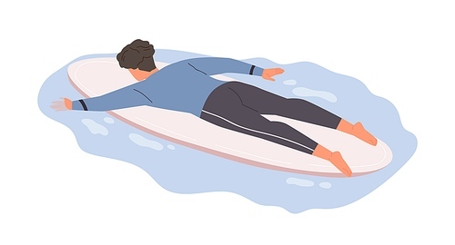 Male surfer in swimsuit lying on surfboard and swimming. Active man in swimwear surf and ride on sea wave. Scene of summer recreation. Flat vector cartoon illustration of sportsman isolated on white.