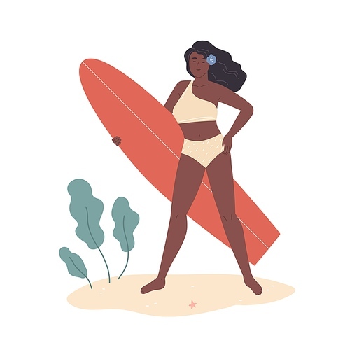 Beautiful african american woman in bikini stand on summer beach and hold surfboard. Female pretty surfer posing with surf board. Flat vector cartoon illustration isolated on white .