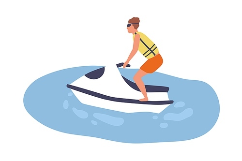 Young man on aquabike. Male character riding jetski. Scene of summer extreme recreation or jet skiing. Sportsman on hydrocycle or water bike. Flat vector cartoon illustration isolated on white.