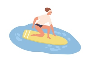 Young fit woman in swimwear catch wave on surfboard. Female surfer standing on board. Scene of summer vacation or recreation at the sea. Flat vector cartoon illustration isolated on white.