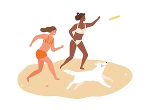 Happy women play with dog on beach. Female friends run and throw frisby to the pet. Scene of summer vacation and recreational activity. Flat vector cartoon illustration isolated on white .