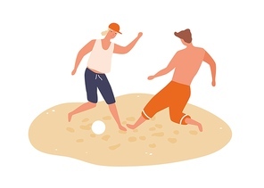 Cheerful men playing football on summer beach. Male friends spend time together. Scene of summer recreational activity. Flat vector cartoon illustration isolated on white background.