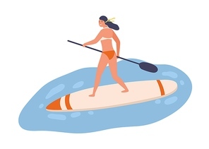 Young fit woman standing on sup board with paddle. Female character in swimwear on surfboard. Scene of summer vacation or recreation at the sea. Flat vector cartoon illustration isolated on white.