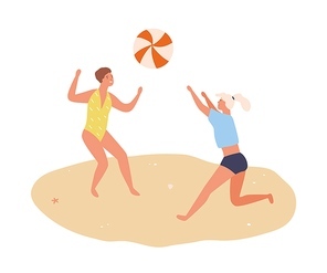 Young women tossing ball on beach. Cheerful people playing volleyball in summer. Scene of recreation and vacation. Friends spend time at seashore. Flat vector cartoon illustration isolated on white.