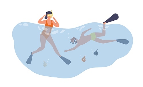 Couple diving and swimming underwater. Scene of summer vacation and activity. Flat vector cartoon illustration of scuba divers in masks and googles isolated on white .
