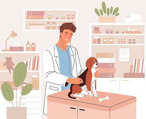 Happy young veterinarian examining dog with stethoscope in modern vet clinic. Health check or medical examination of animal in veterinary hospital. Colored flat vector illustration.