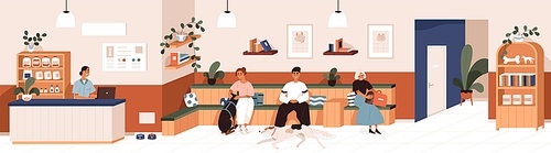 Queue in vet clinic's reception. People and pets waiting for appointments in lobby of veterinary hospital. Modern interior of medical center for animals. Colored flat vector illustration.