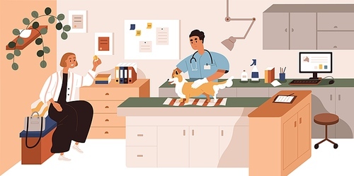 Veterinarian doctor, dog and pet owner at health checkup in vet clinic. Physician examining puppy in animal hospital. Examination in modern veterinary medical center. Colored flat vector illustration.